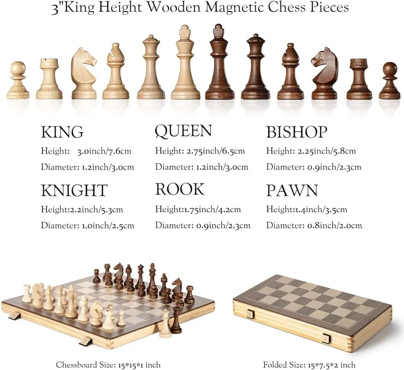 A&A 15″ Magnetic Wooden Chess Set Light – Portable travel design