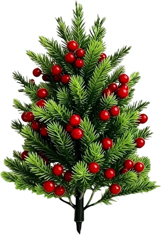 Generic 23 Inch Berry Christmas Tree Stakes in Green With Red Berries and White Frost/Snow