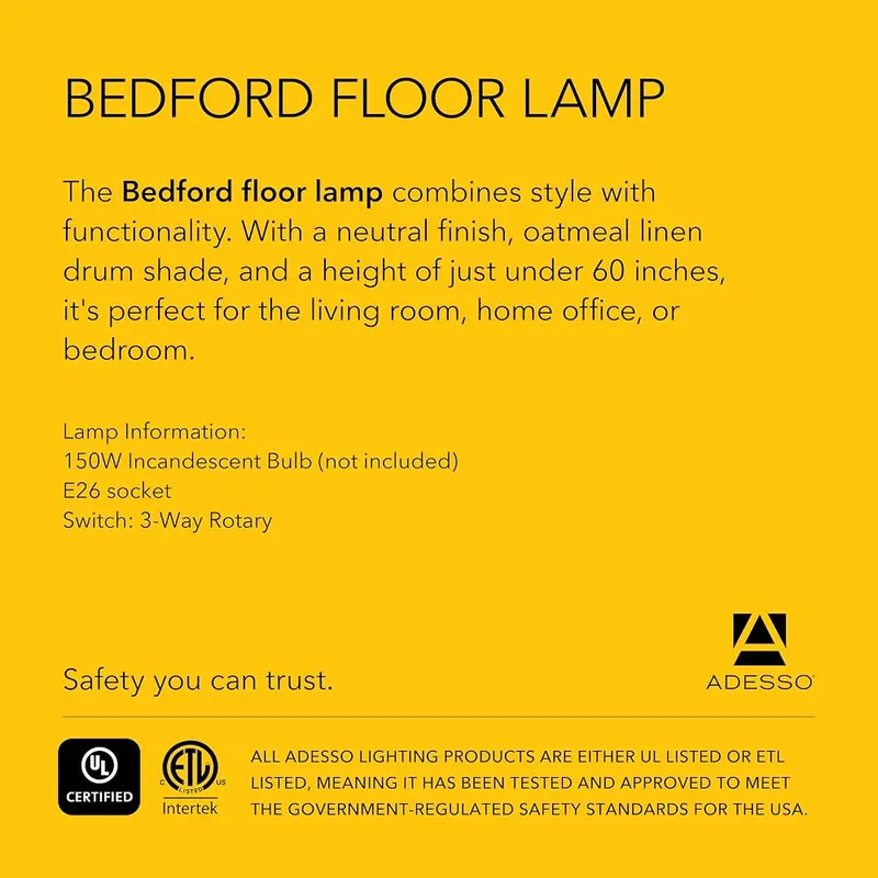 Adesso Floor Lamp – Bulb Compatibility – Requires one 3-way, E26 medium