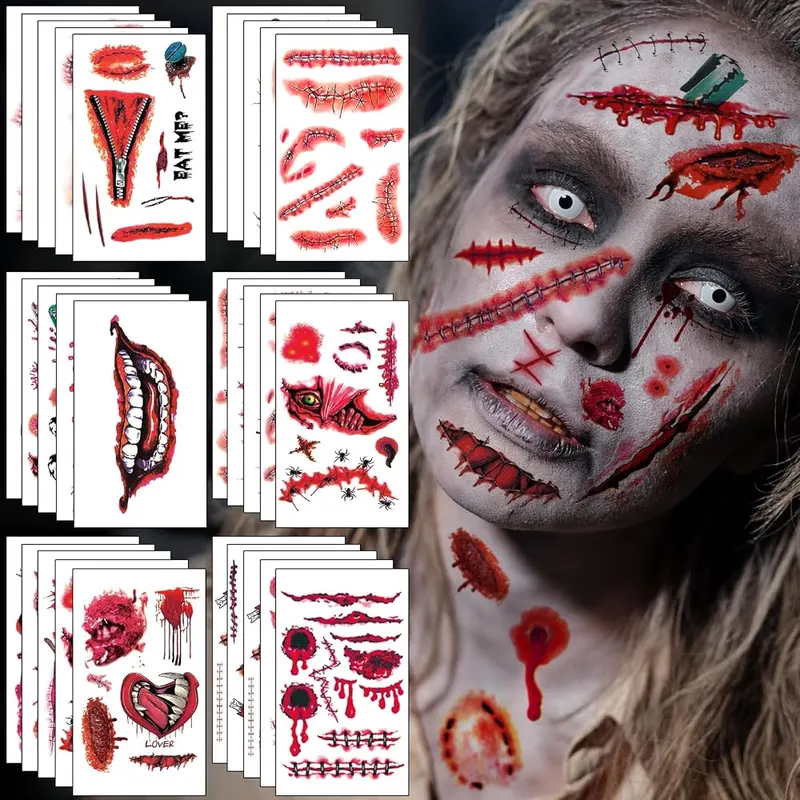 AHOZEE 50 Sheets Halloween Scar Tattoos Temporary in Multicolor