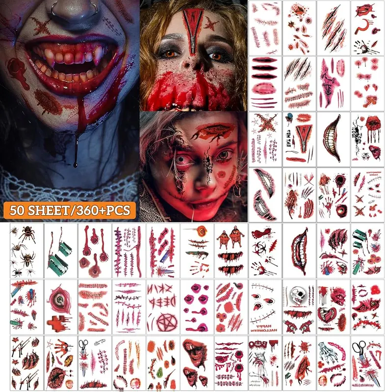 AHOZEE 50 Sheets Halloween Scar Tattoos Temporary – Multiple Uses50 Sheets halloween face tattoos offer you