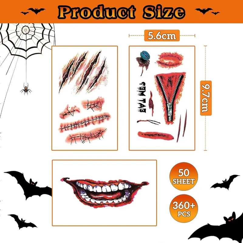 AHOZEE 50 Sheets Halloween Scar Tattoos Temporary – Easy to Apply & RemoveFake blood halloween face