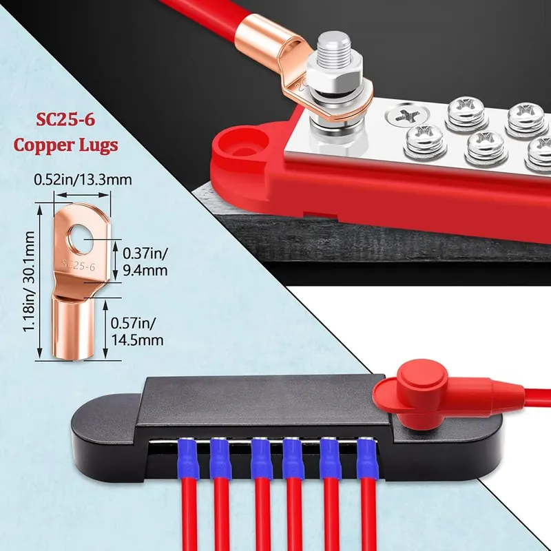 Aienxn Bus Bar 12V 150A 1/4″ Stud – Twelve M4 terminals per bar