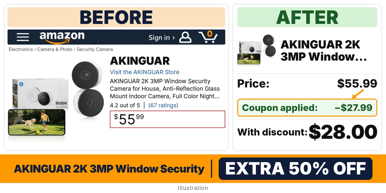 AKINGUAR 2K 3MP Window Security Camera deal: before and after – 32% off on Amazon