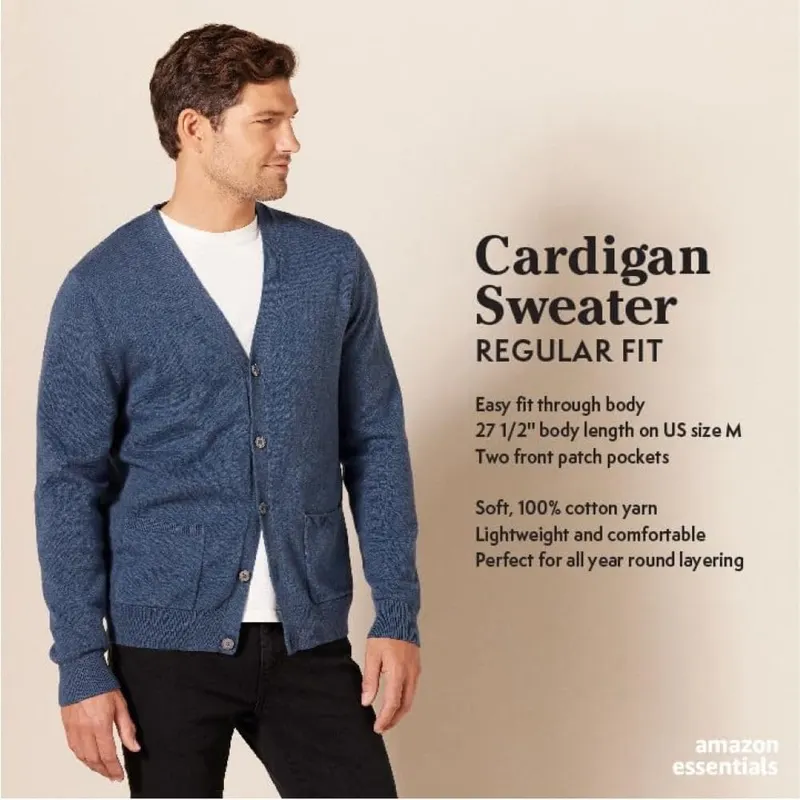 Amazon Essentials Men’s V-Neck Cotton Knitted Cardigan Sweater – product photo 2 of 7