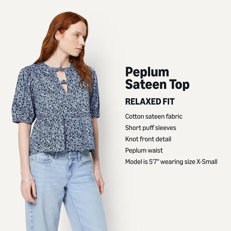 Amazon Essentials Women’s Cotton Sateen Relaxed-Fit Peplum Blouse – Details