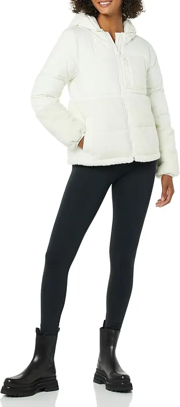 Amazon Essentials Women’s Full-Zip Sherpa Fleece Hooded Puffer – Sherpa Puffer Mixed Media Jacket
