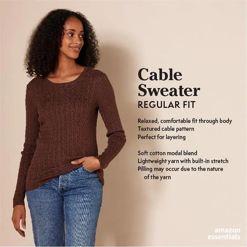 Amazon Essentials Women’s Lightweight Cable Knit Crewneck Sweater – Regular Fit
