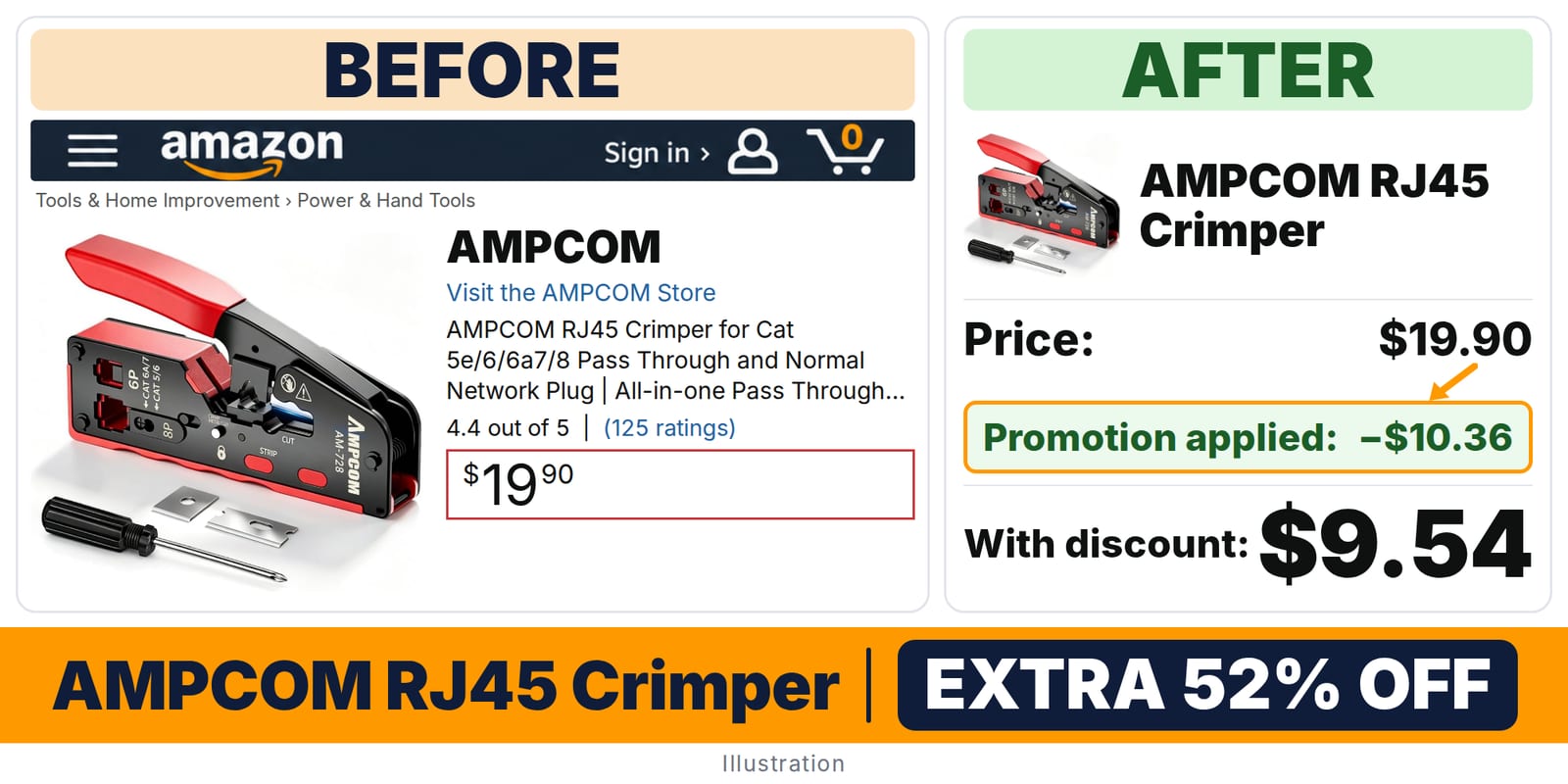 AMPCOM RJ45 Crimper deal: before and after – promo code WZ7WUZJZ, 52% off on Amazon