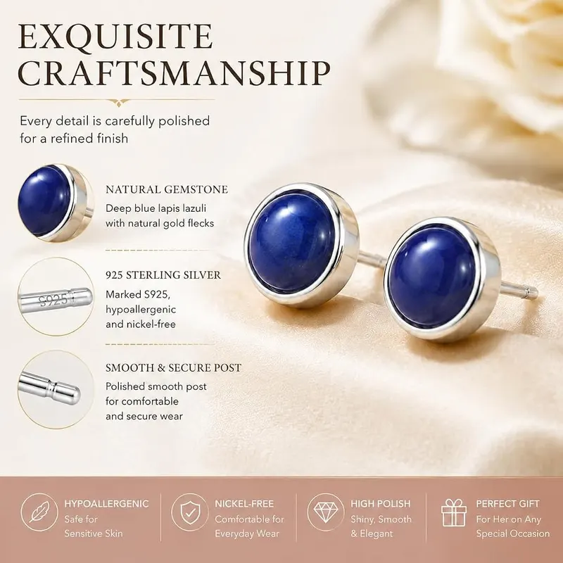ANNIE WU Lapis Lazuli Stud Earrings – Genuine blue lapis lazuli stones