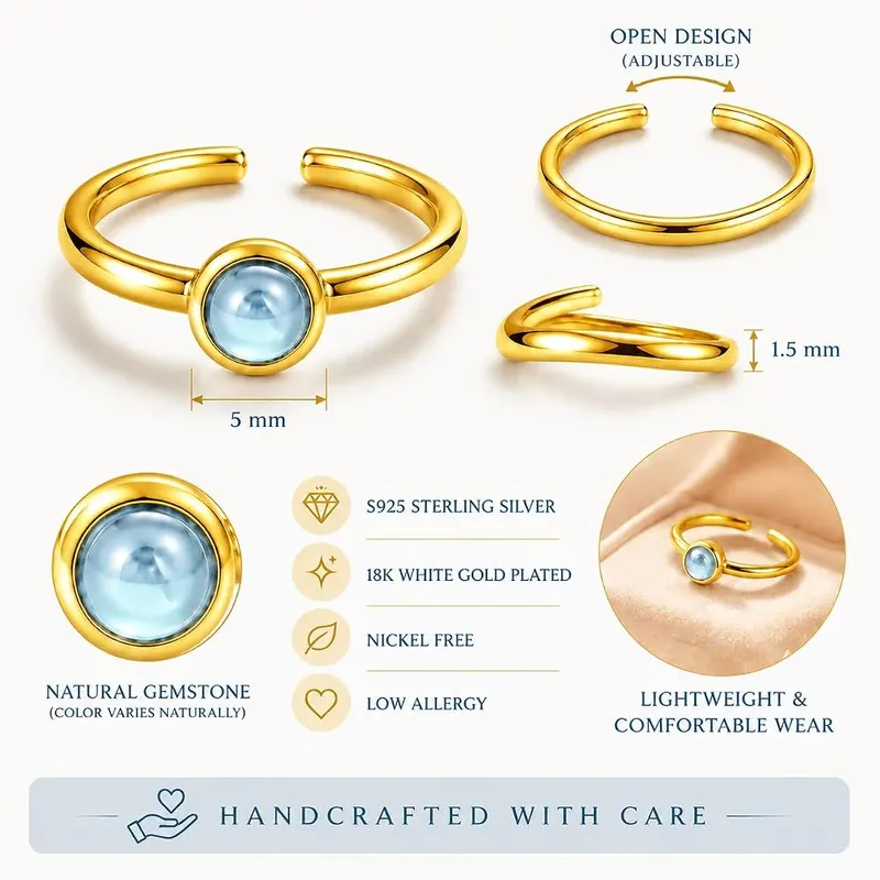 ANNIE WU Natural Aquamarine Ring Gold – Flexible adjustable open band