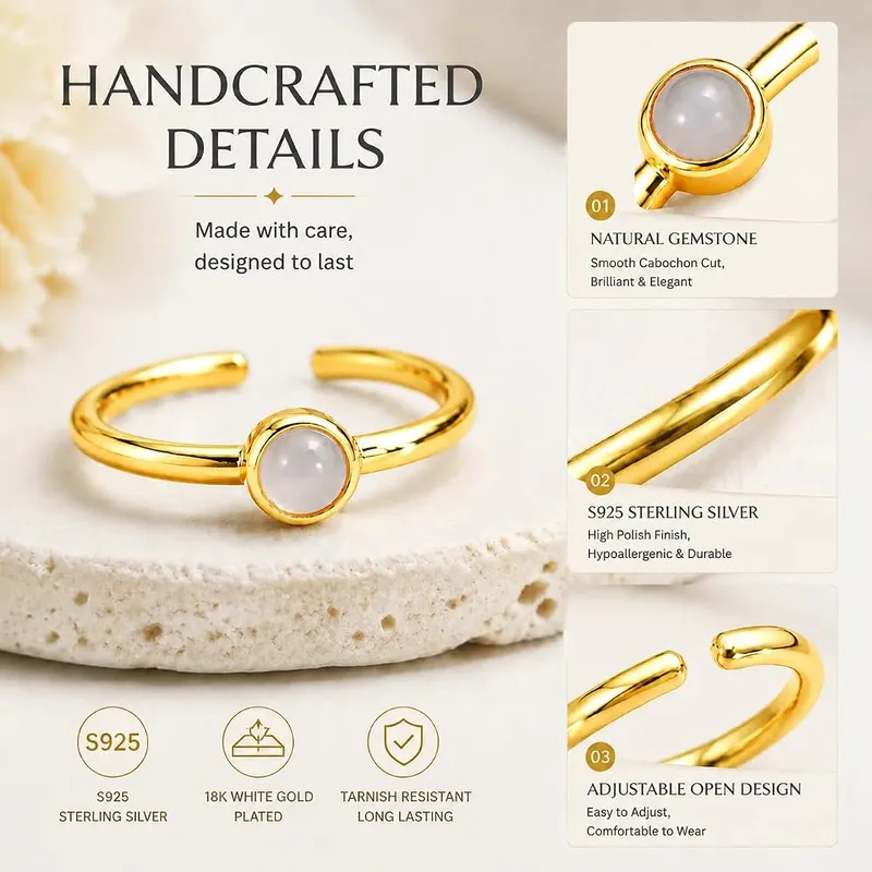 ANNIE WU Natural White Agate Ring Gold – 925 sterling silver base