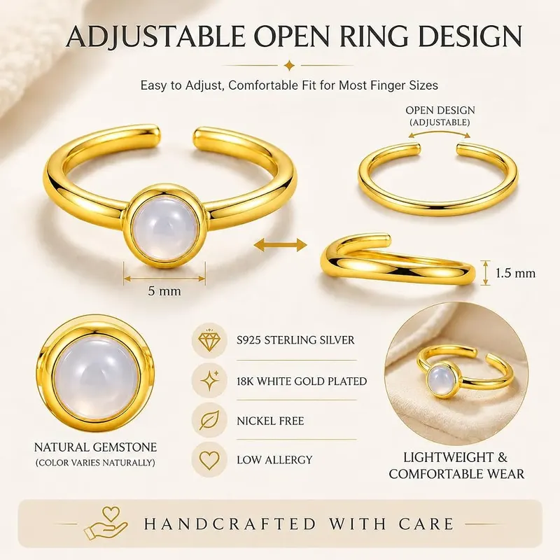 ANNIE WU Natural White Agate Ring Gold – Adjustable open band sizing