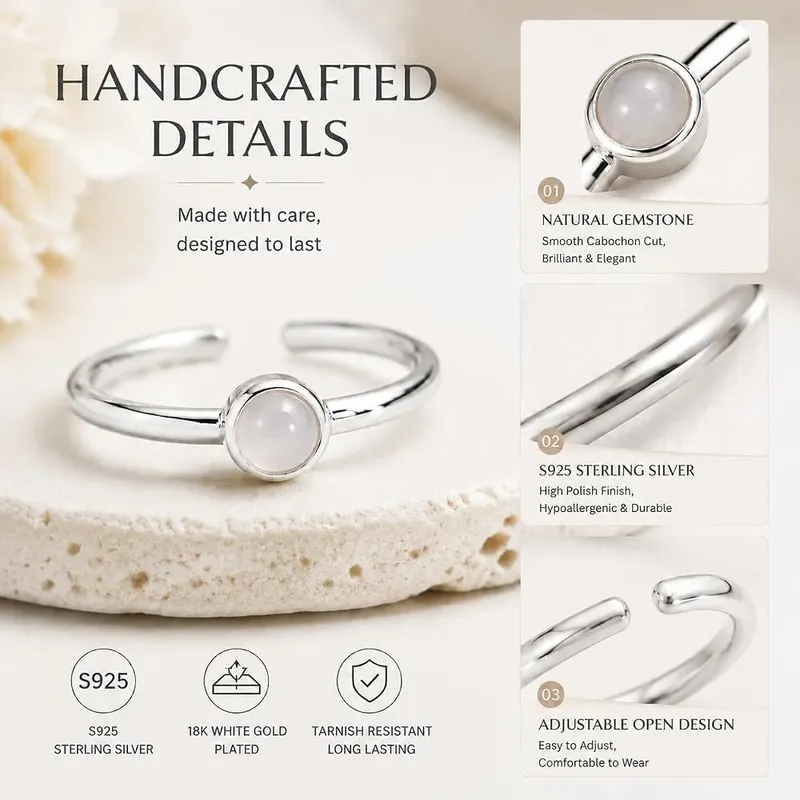 ANNIE WU Natural White Agate Ring Silver – Solid 925 sterling silver base