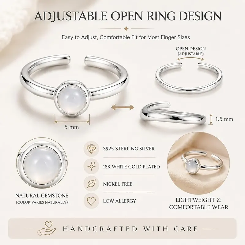 ANNIE WU Natural White Agate Ring Silver – Flexible open ring sizing