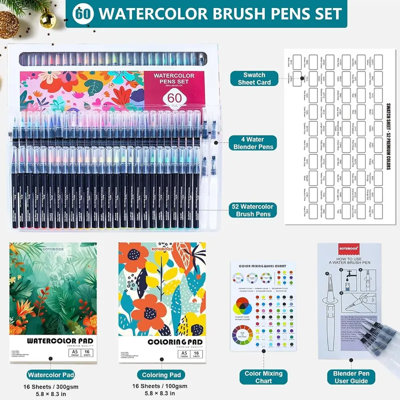 AOTEMOON 60 PCS Watercolor Pens Set – Fifty-two watercolor brush pens