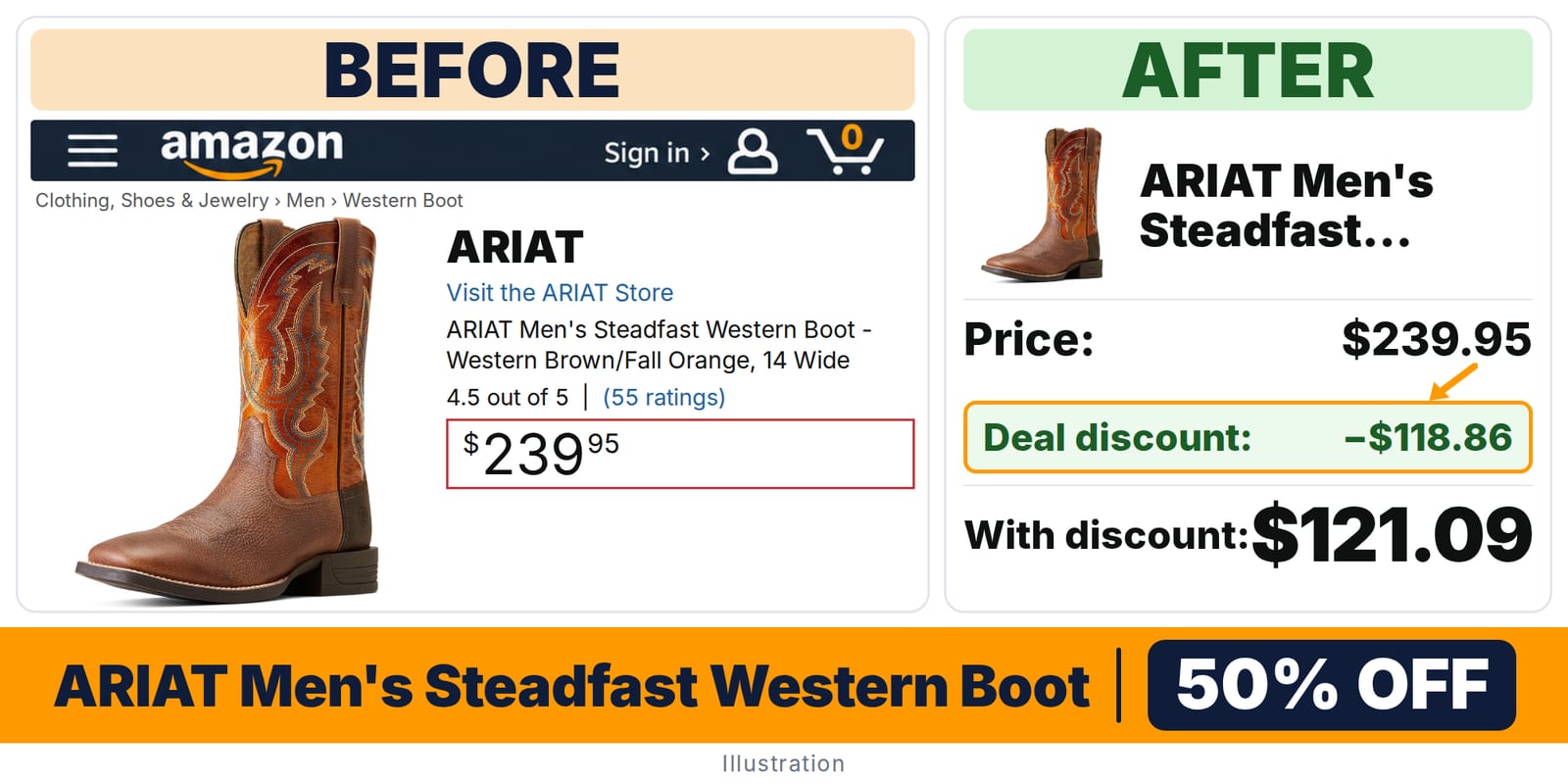 ARIAT Men's Steadfast Western Boot deal: before and after – 50% off on Amazon