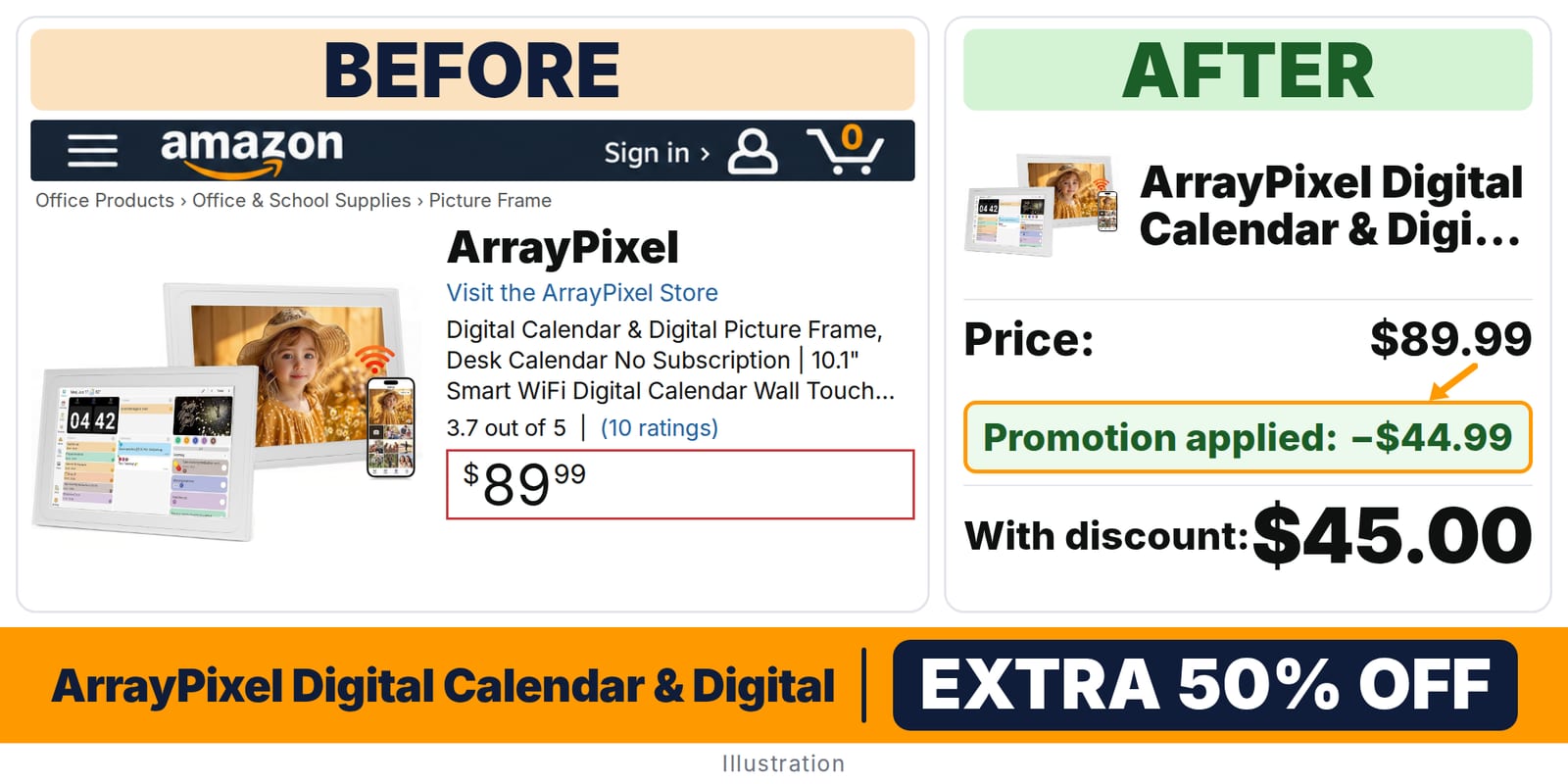 ArrayPixel 10.1" Touchscreen Digital Calendar deal: before and after – promo code 53PCBS2R, 50% off on Amazon