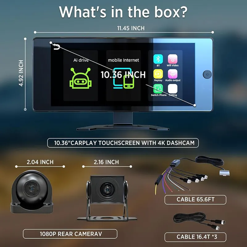 ASLONG 10.36″ HD Touchscreen CarPlay 4K 4CH – Wireless Carplay & Android Auto