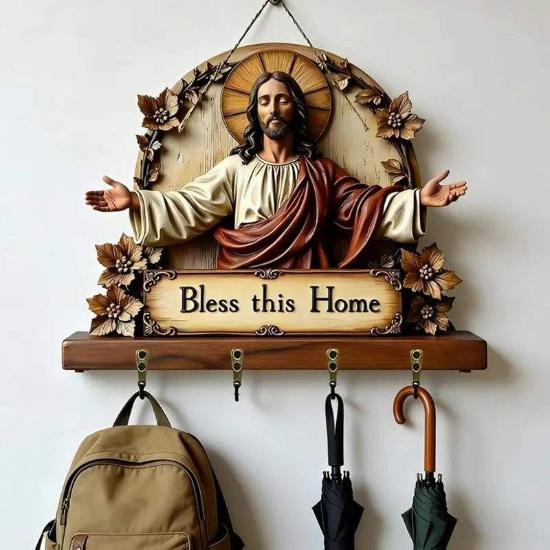 Aufmer 2D Flat Jesus Key Holder Wall in Multicolor