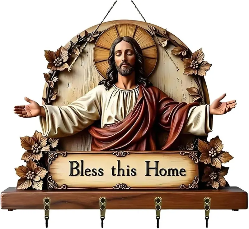 Aufmer 2D Flat Jesus Key Holder Wall – Sturdy wooden construction material