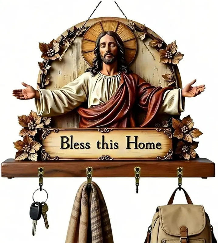 Aufmer 2D Flat Jesus Key Holder Wall – Four built-in hanging hooks