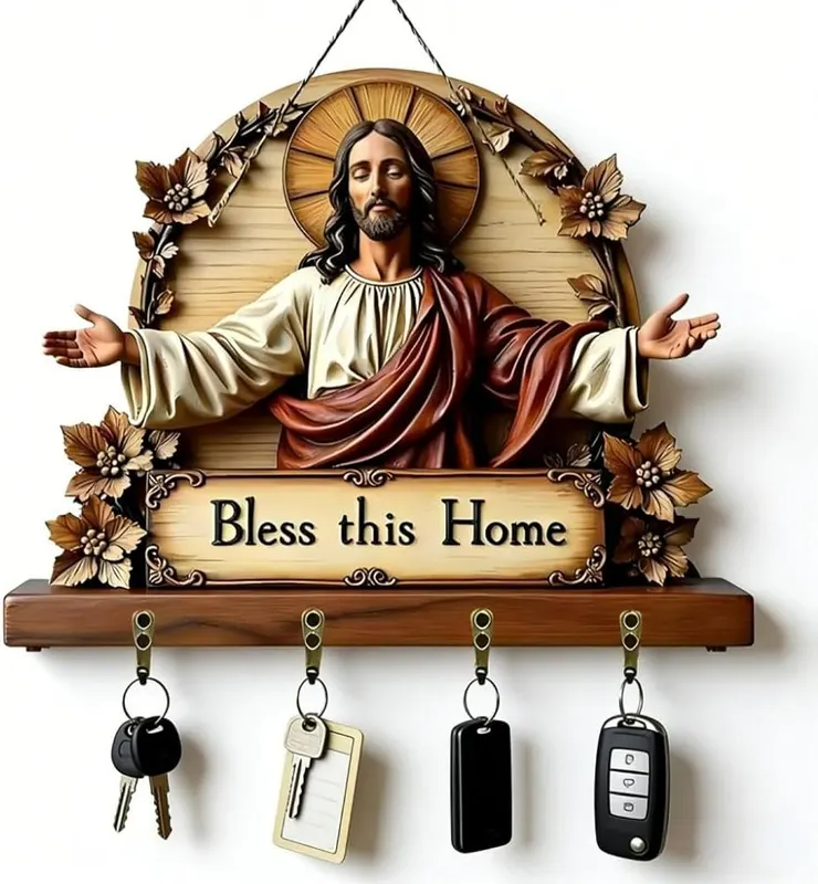Aufmer 2D Flat Jesus Key Holder Wall – Multi-color seasonal artwork style