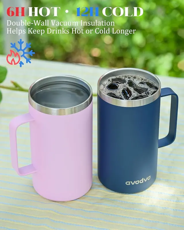 avodvo 24oz Insulated Coffee Mug Pink – Two Convenient Lids for Every Occasion