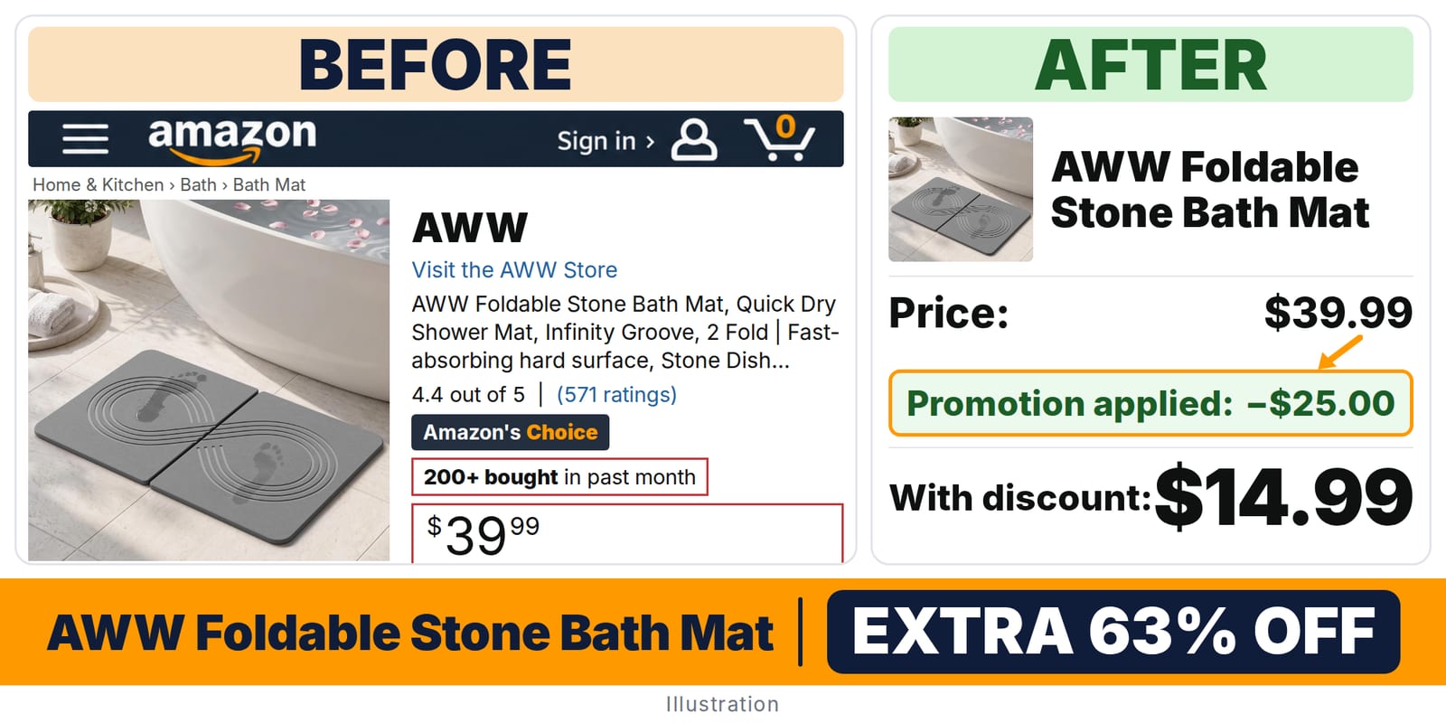 AWW Foldable Stone Bath Mat deal: before and after – promo code F1SOV17K, 63% off on Amazon