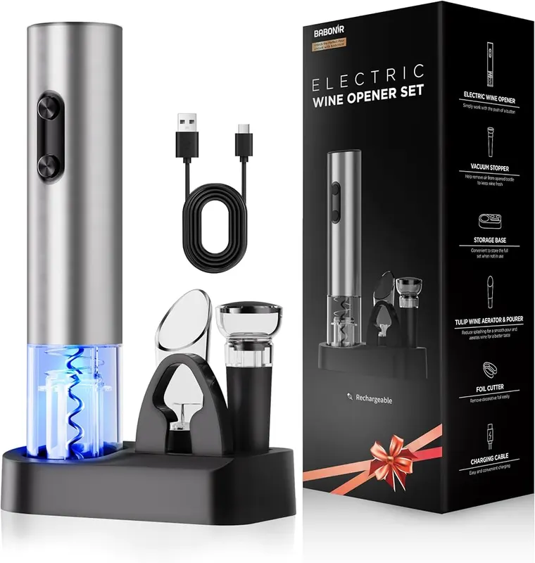 BABONIR Electric Wine Opener Rechargeable in 6 in 1 wine opener/Silver