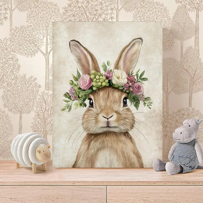 Baby Plum Rustic Rabbit Wall Art Canvas – Framed Design and High-Quality Canvas Print