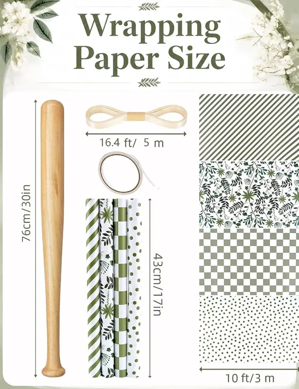 Bafeil Sage Green Wrapping Paper 4 Rolls – Complete four roll wrapping set