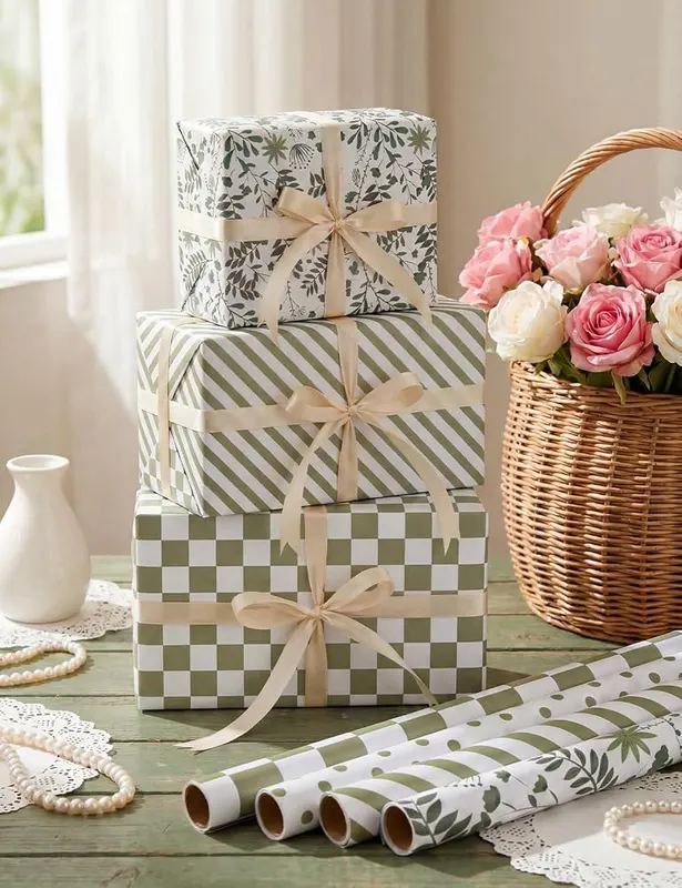 Bafeil Sage Green Wrapping Paper 4 Rolls – Matching white ribbon included