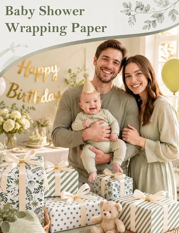 Bafeil Sage Green Wrapping Paper 4 Rolls – Convenient double sided tape