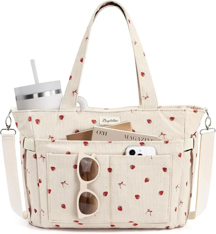 Bagstellar Corduroy Tote Bag in Beige Strawberry