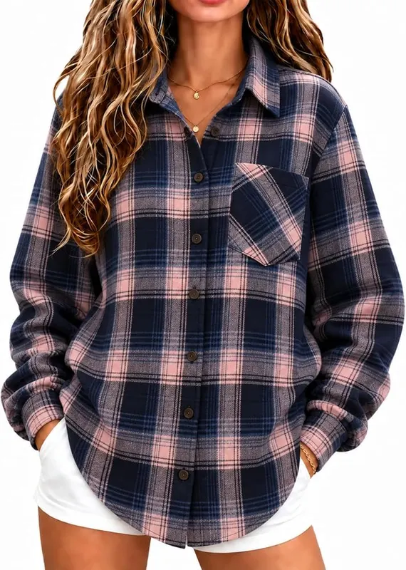 Bakgeerle Plaid Basic Long Sleeve Tops A#014-multicolor – Convertible Button Front:Full button closure supports 2 wearing