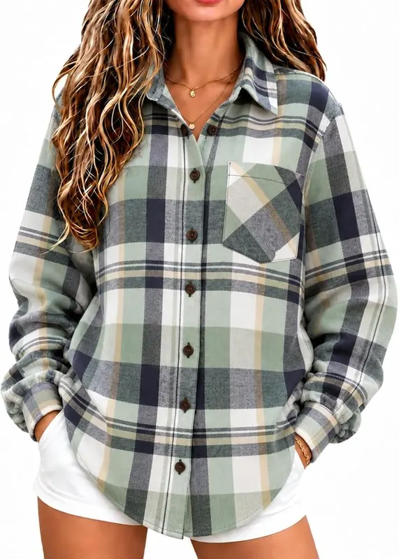 Bakgeerle Plaid Long Sleeve Fitted Tops – Convertible Button Front:Full button closure supports 2 wearing
