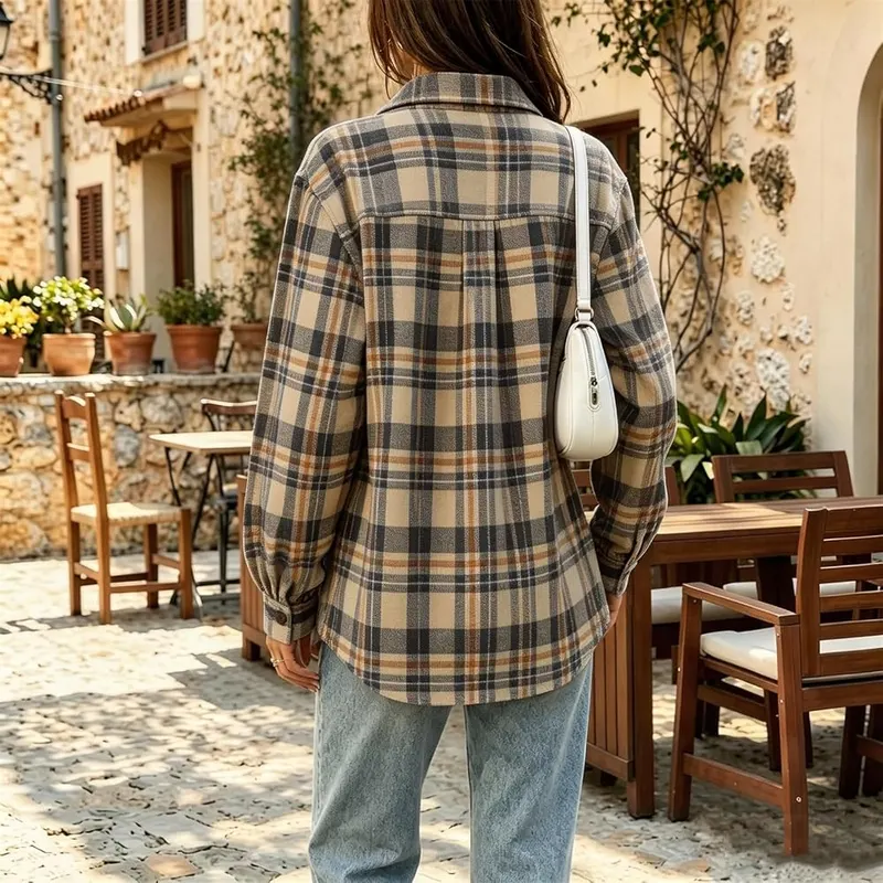 Bakgeerle Plaid Long Sleeve Fitted Tops – Lazy Oversized Silhouette:Oversized cut skillfully conceals tummy