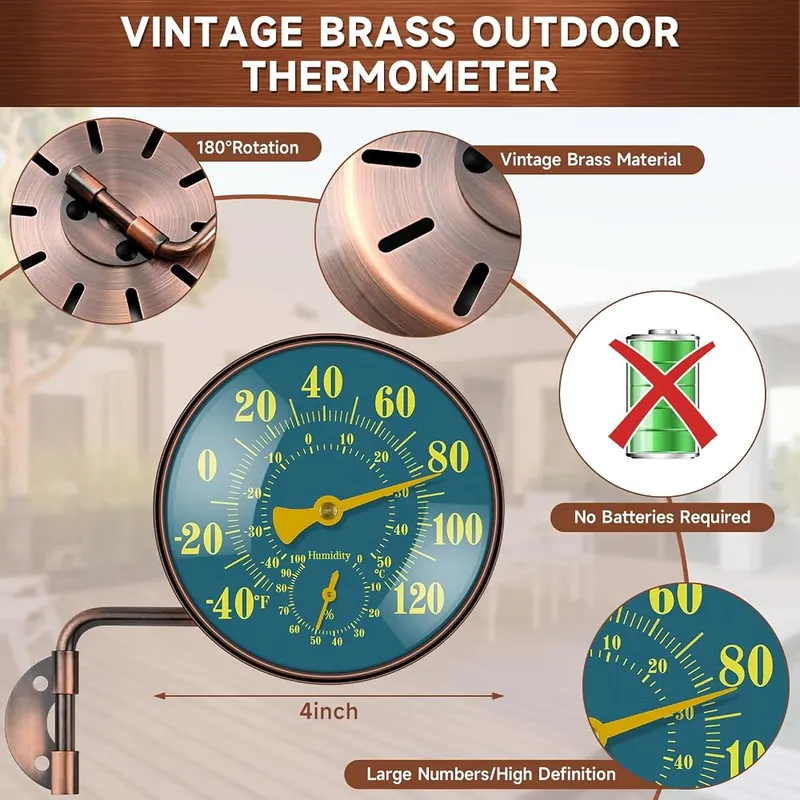 BALLMENT 4 Inch Outdoor Thermometer and Humidity – Solid Brass Retro Construction