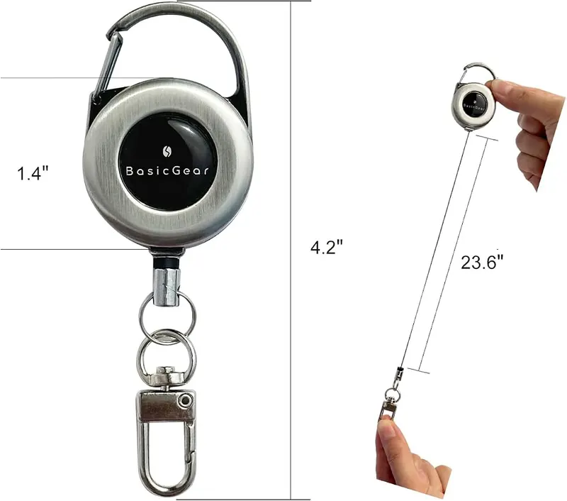 BasicGear® Zinger Retractable Keychain – Durable brushed metal and ABS body