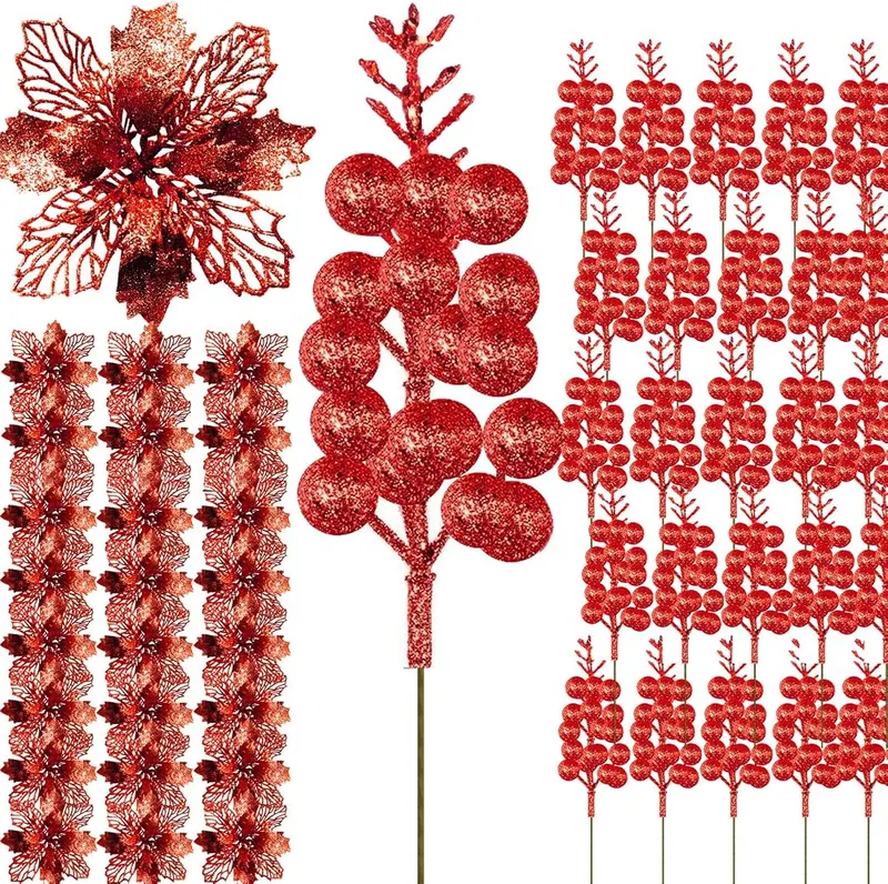 BBita 50Pack Christmas Glitter Berries Stems Red in Red