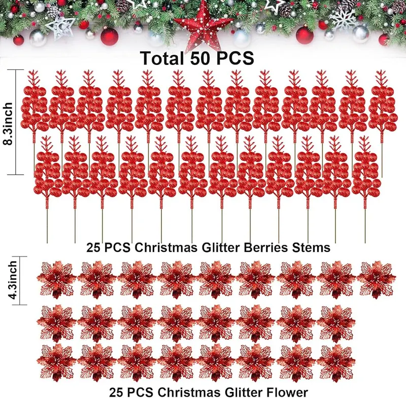 BBita 50Pack Christmas Glitter Berries Stems Red – Fifty piece holiday berry stems set