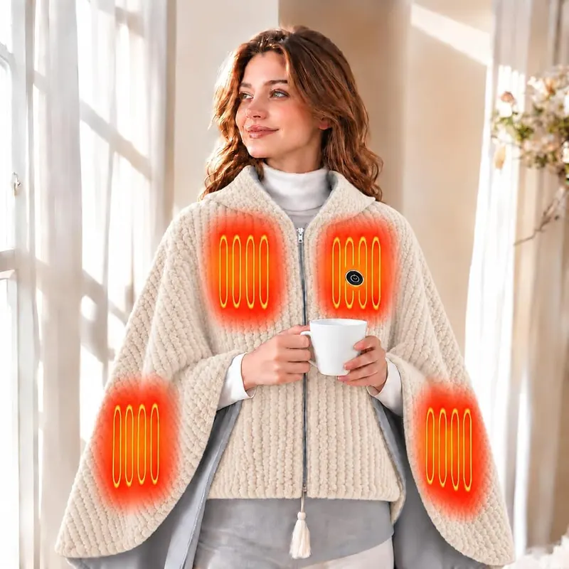 BJUTIR Wearable Cordless Heated Blanket Cape – Hands-free zip-front comfort