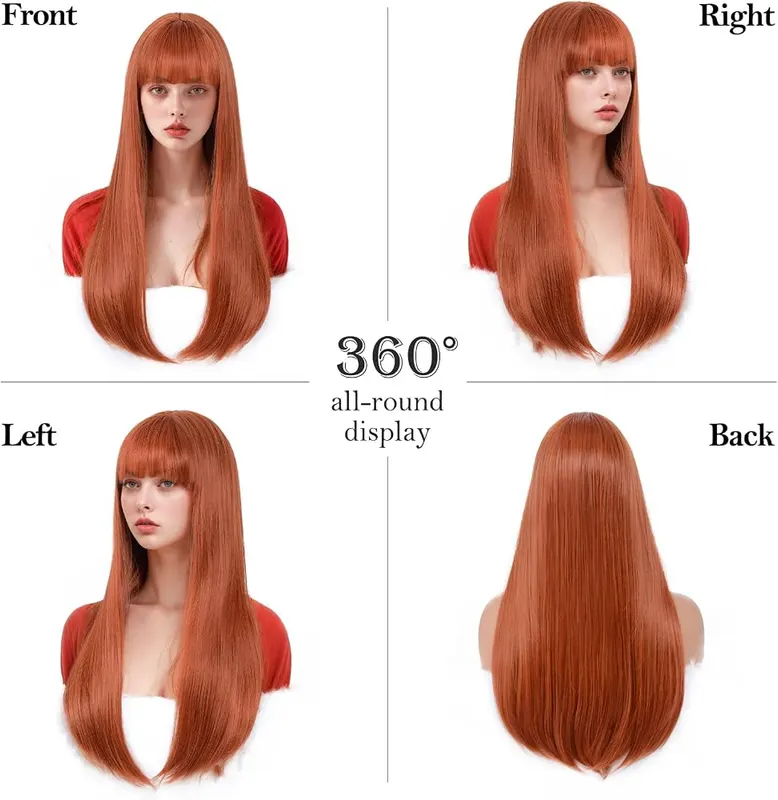 Bkiyyi Long Ginger Straight Synthetic Orange Wig – High-Temperature Synthetic Fiber