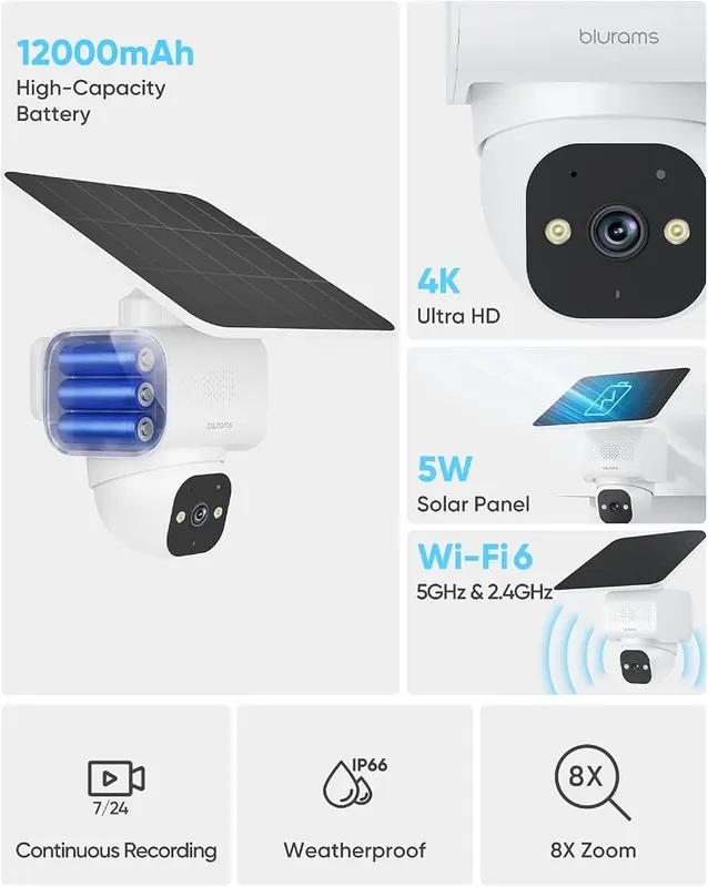 blurams 4K Ultra Security Cameras Wireless Outdoor – Solar powered with 12000mAh battery
