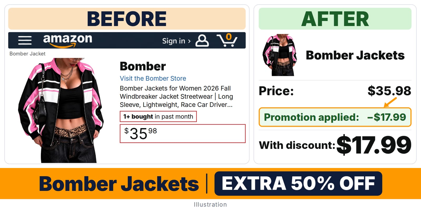 Bomber Jackets deal: before and after – promo code Q4KHH9UN, 50% off on Amazon
