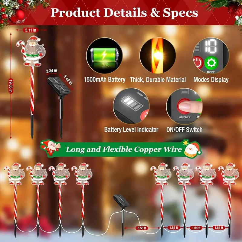 BONLION Solar Christmas Santa Pathway Lights Outdoor – Ten adjustable holiday lighting modes