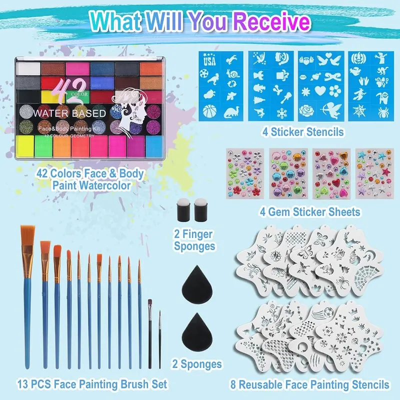 BORUIT 42 Color Face Painting Kit – 42 colors in three finishes