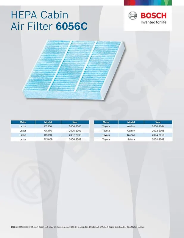 BOSCH 6056C HEPA Cabin Air Filter – Bosch HEPA Cabin Air Filters provide true clean