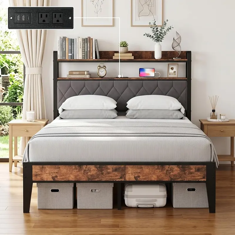 BOVONO Full Bed Frame in Gray, Without Drawers